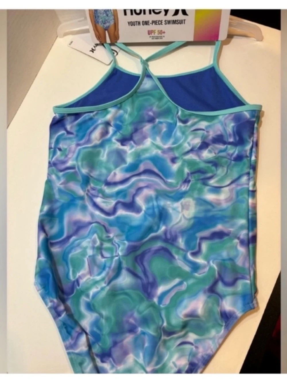 Hurley NEW One Piece Swimsuit Purple Blue Green Girls 10/12 Silver Heart Beach